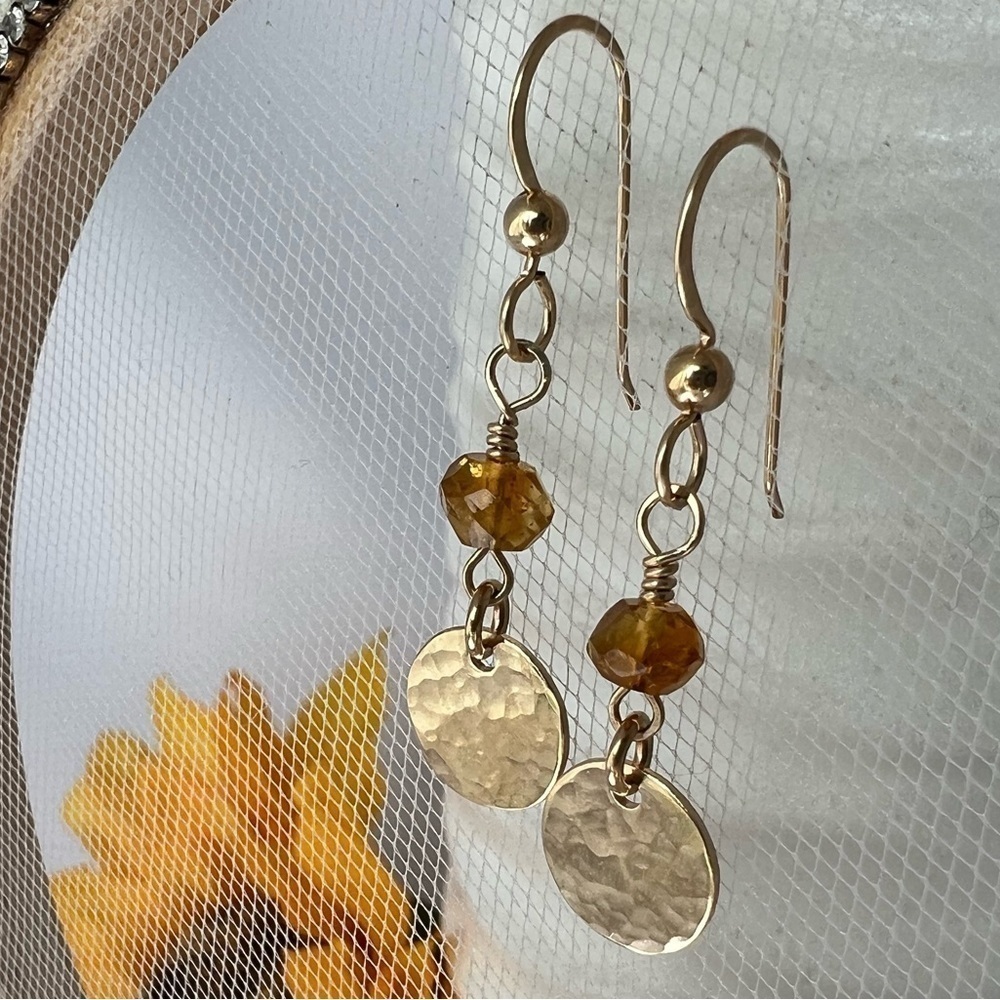 Artisan Citrine & Gold Wire Wrapped Earrings with Hammered Discs